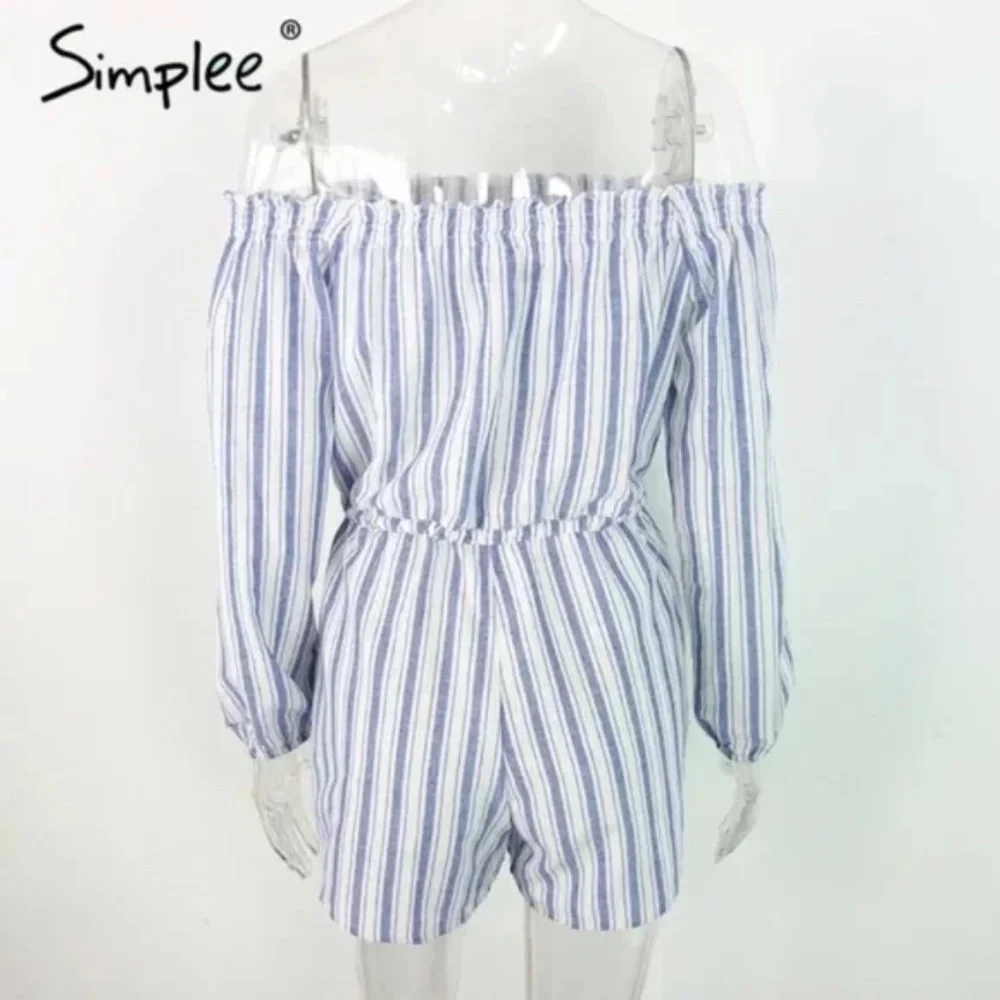 Simplee Apparel Blue And White Pinstripes Off the Shoulder Romper Women L